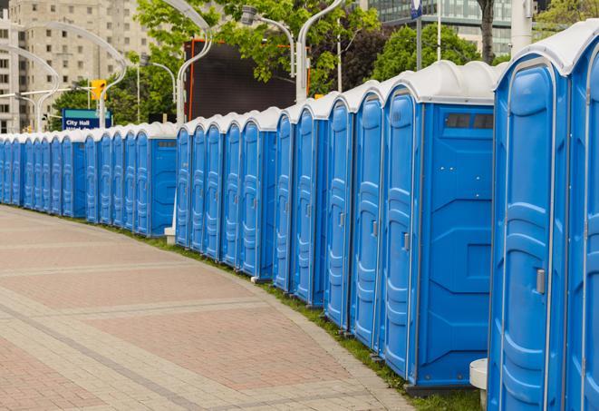 festive, colorfully decorated portable restrooms for a seasonal event in Camp Hill